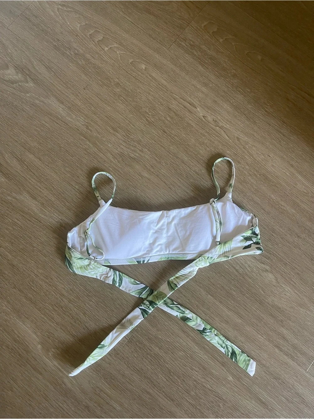 Monday Swimwear White Bikini Top with Green Leaf Print